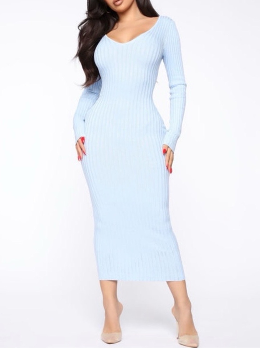 Fashion Nova Pastel Blue Ribbed V-Neck Long Sleeve Midi Dress